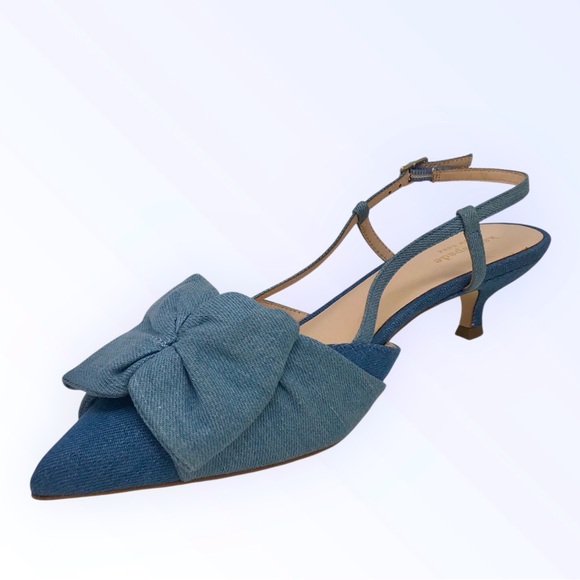 Kate Spade NWOT Blue Denim Bow Slingback Pumps Daxton Kitten Heels Size 10M - Picture 1 of 11